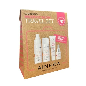 Set de Viaje Multivit Glow AINHOA vista lateral con crema, sérum y tónico tamaño viaje