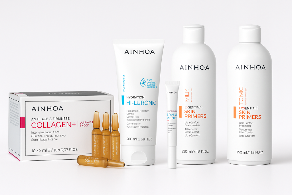 Productos del ritual antiedad AINHOA Ultra Firm Shock Collagen+ para piel madura, incluidos limpiador, tónico, ampollas reafirmantes, contorno de ojos y crema hidratante.