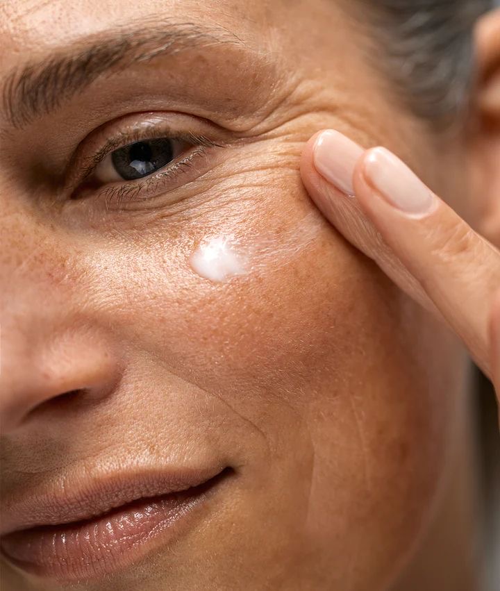 Mujer con piel madura aplicando crema antiedad AINHOA para hidratar y reafirmar la piel.